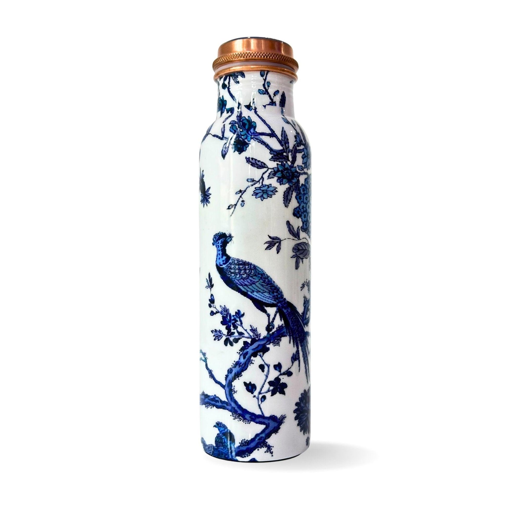 copper bottle blue and white peacock