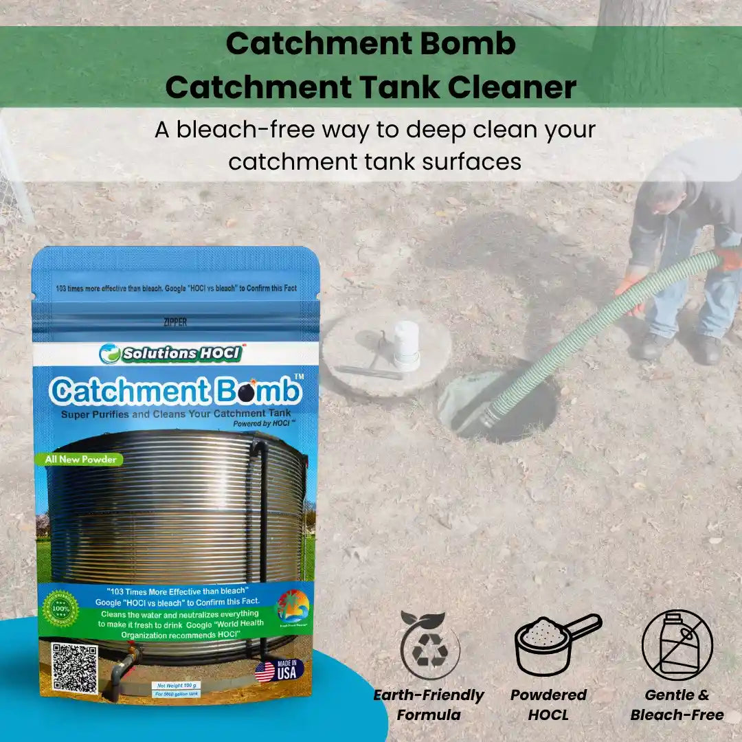 Promotional graphic for Solutions HOCl Catchment Bomb, showing the product package