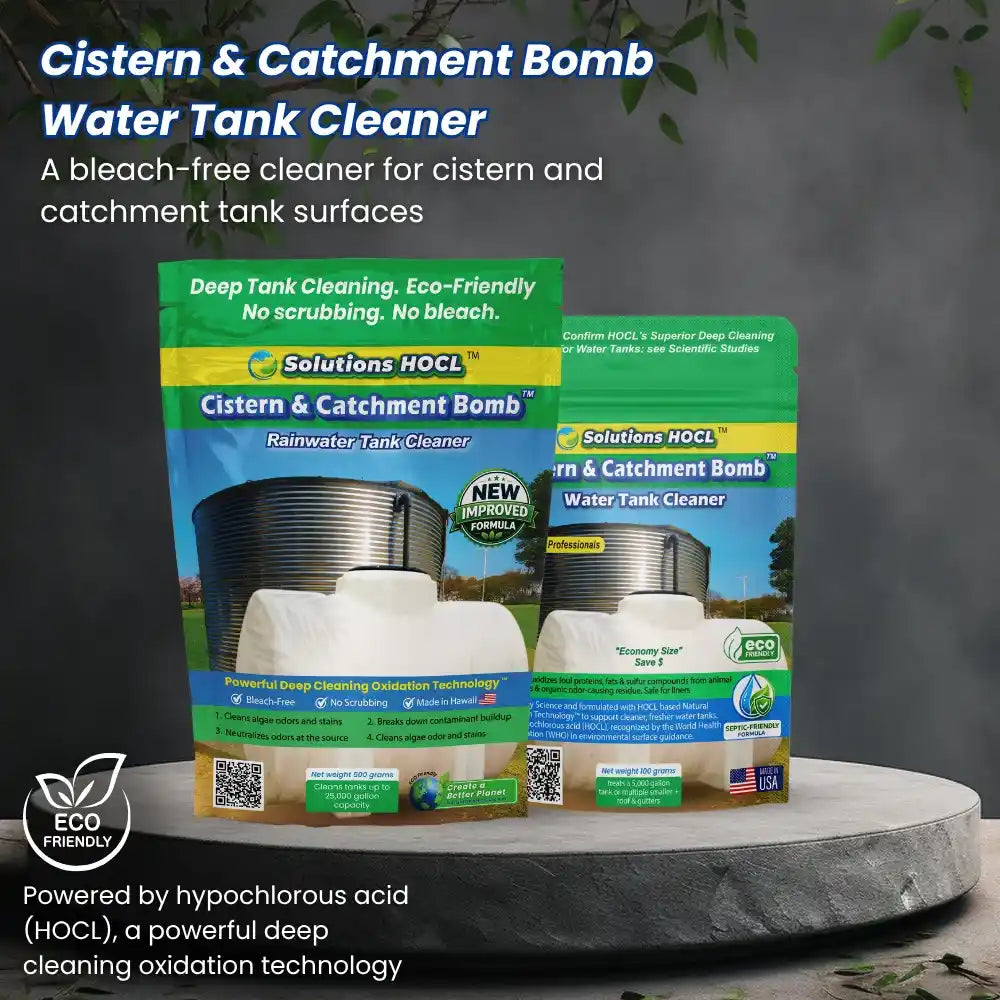 Two Solutions HOCL Cistern & Catchment Bomb water tank cleaner packages displayed on a stone pedestal against a dark gray background, with promotional text overlays.