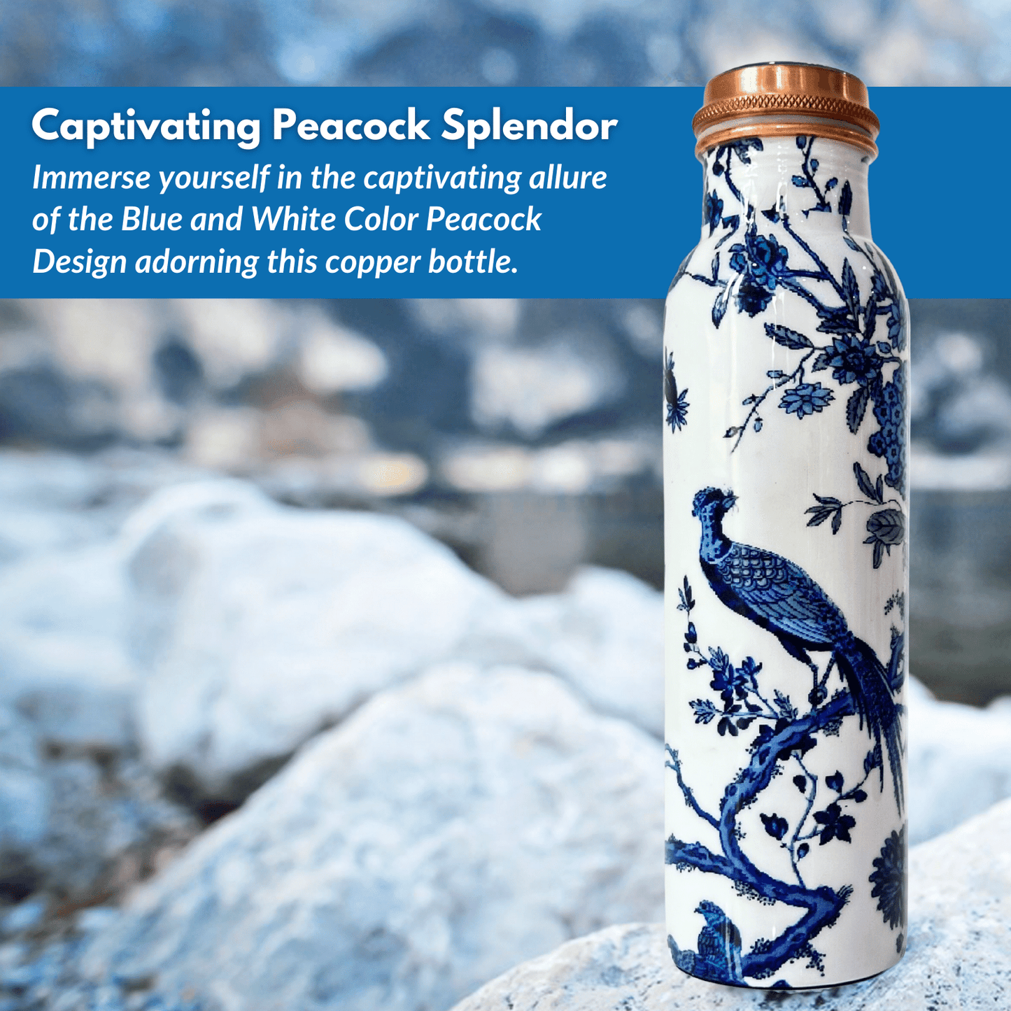 950mL Pure Copper Bottle - Blue and White Color Peacock Design