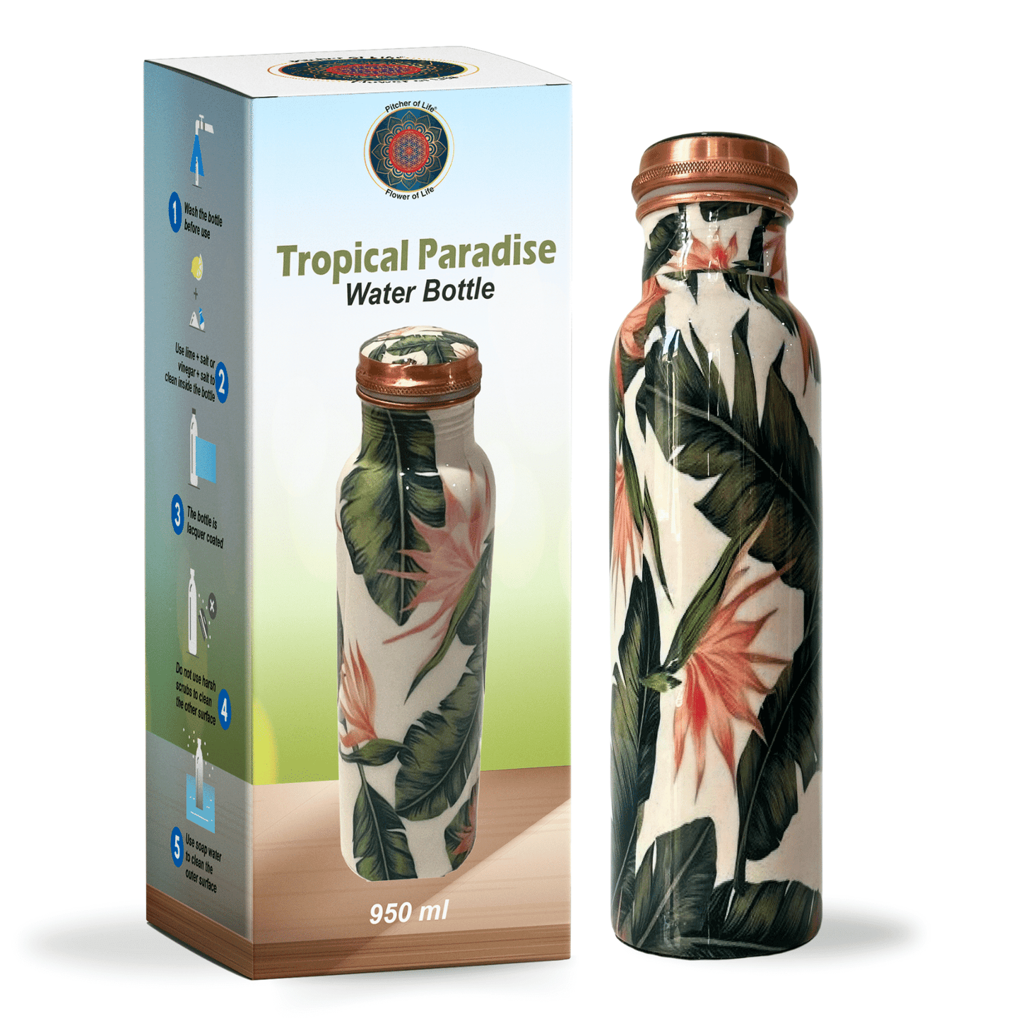950mL Pure Copper Bottle - Flowers Design