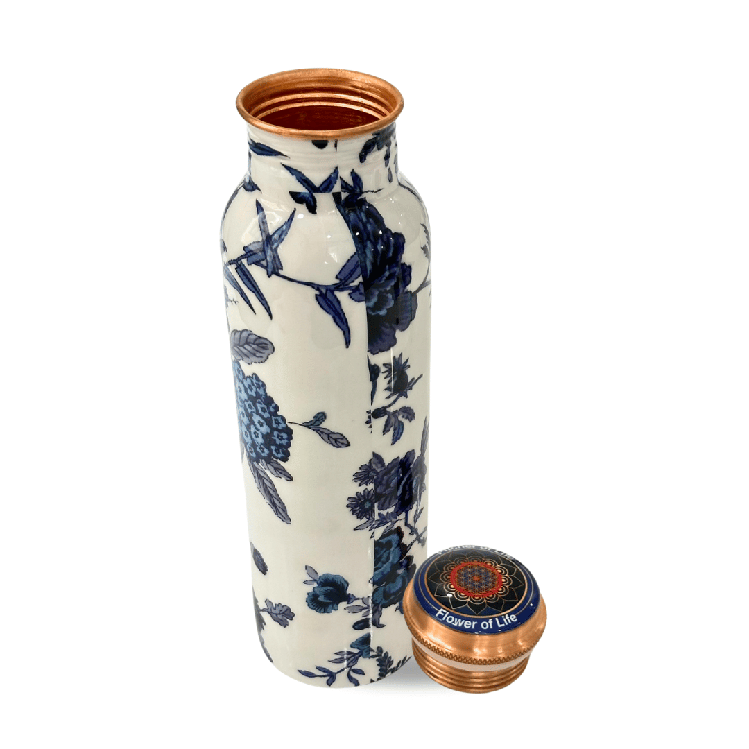 950mL Pure Copper Bottle - Blue and White Color Peacock Design