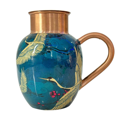 copper pitcher white birds design