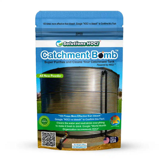 Solutions of HOCl Catchment Bomb powder in a resealable stand-up pouch with a blue and white design, featuring a graphic of a metal water tank and product claims.