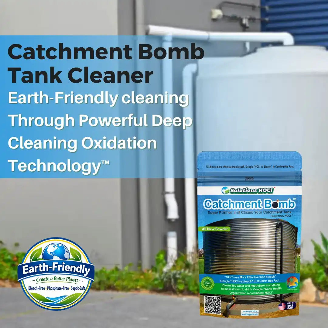 Catchment Bomb Tank Cleaner product packaging shown alongside a large outdoor water tank, with promotional text about earth-friendly cleaning technology and an Earth-Friendly badge.