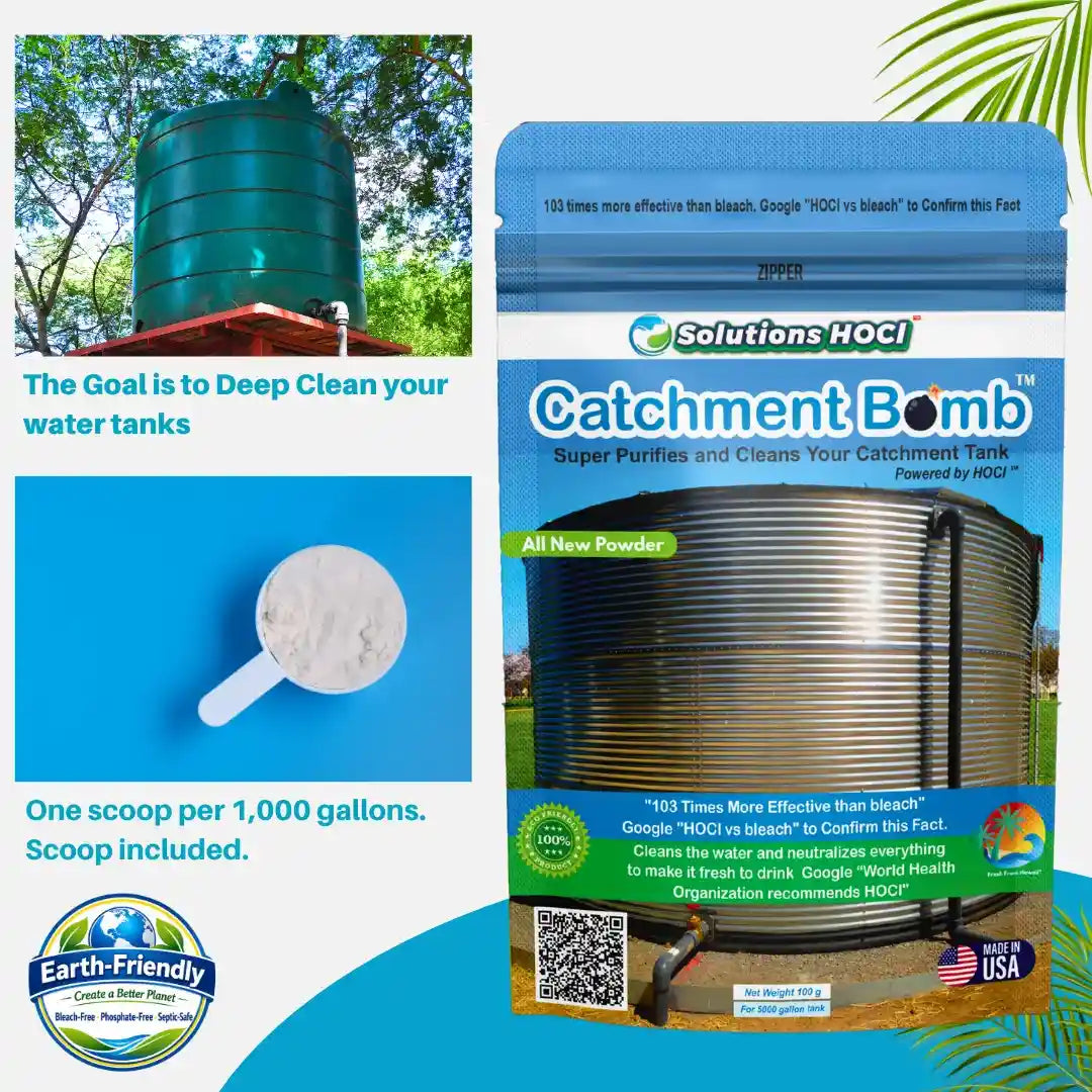 A product collage for Solutions HOCL Catchment Bomb water cleaner. The right side shows the retail pouch packaging with product details