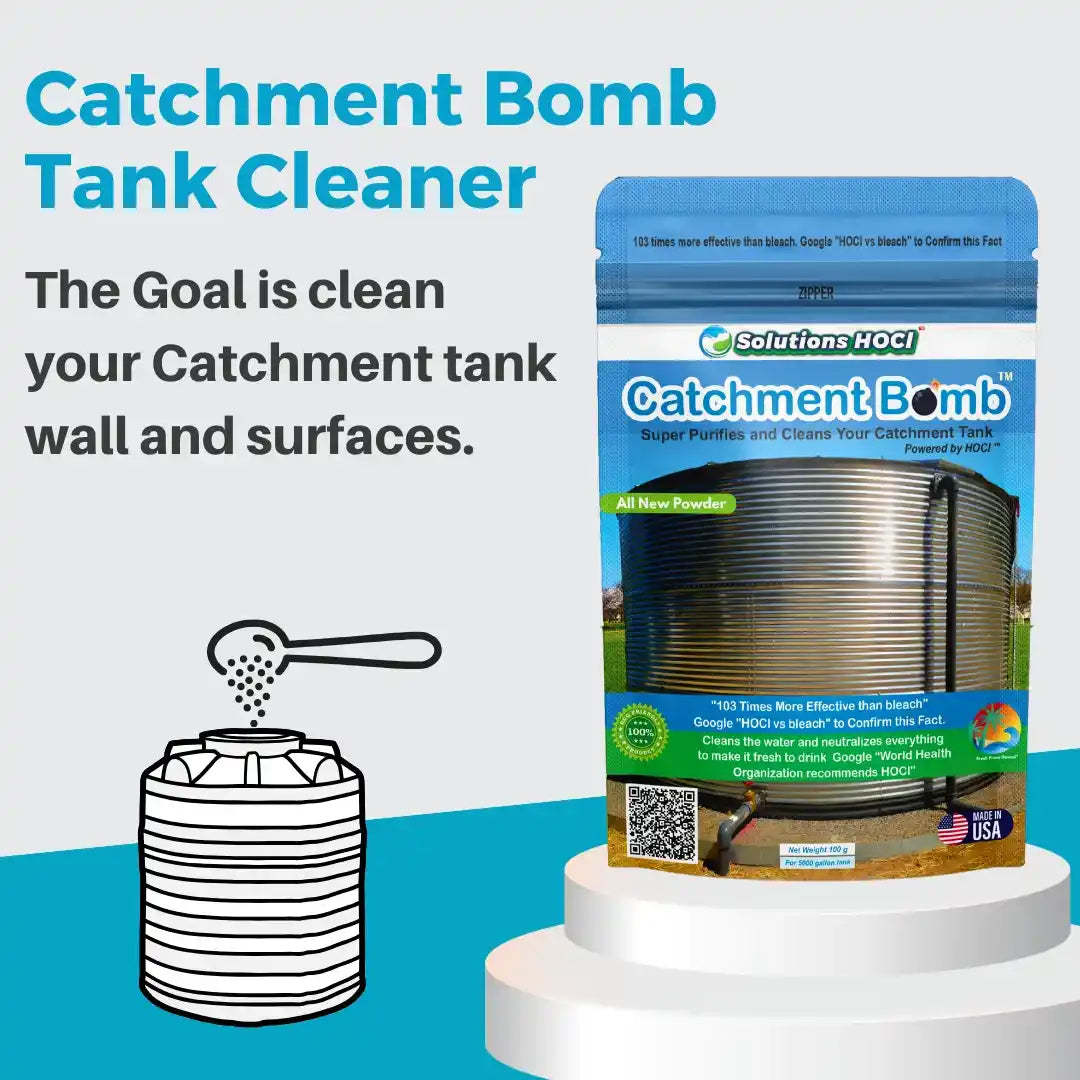 A retail package of Solutions HOCI Catchment Bomb tank cleaner stands on white display risers against a light gray background.