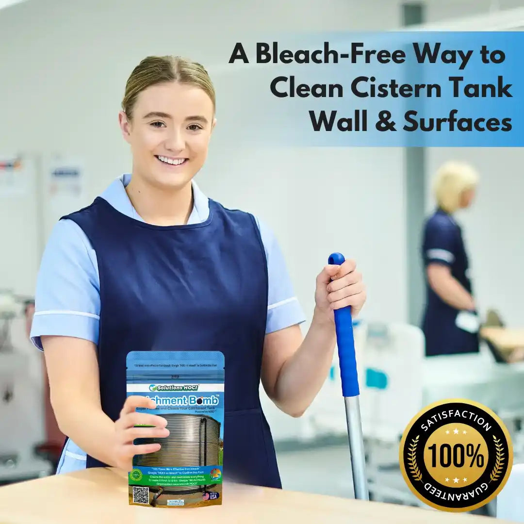 A smiling female in a navy and light blue uniform holds a package of bleach-free catchment tank cleaner