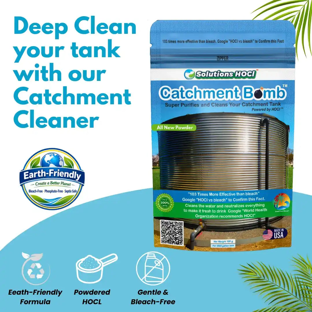 Solutions HOCl CatchmentBomb deep clean tank product in a blue resealable pouch