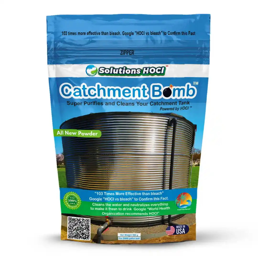 A bag of Solutions HOCl Catchment Bomb cleaner powder, featuring a blue and white design with an image of a corrugated metal catchment tank.