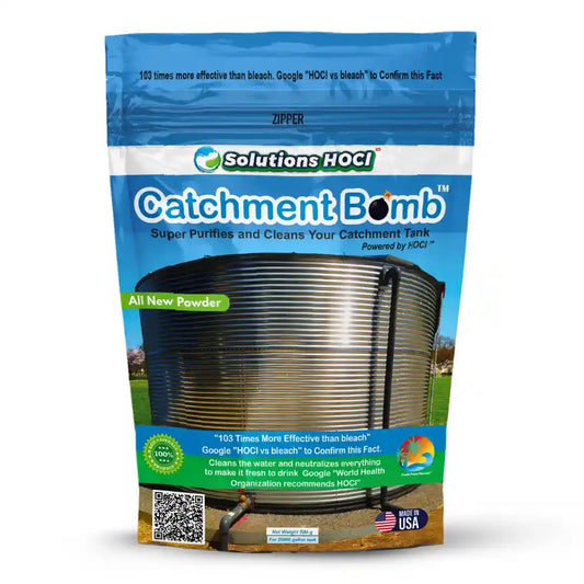 A bag of Solutions HOCl Catchment Bomb cleaner powder, featuring a blue and white design with an image of a corrugated metal catchment tank.