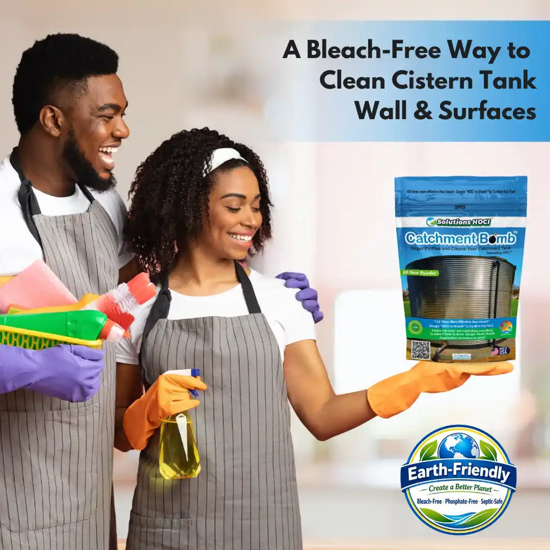 A promotional graphic for Earth-Friendly Catchment Bomb cistern tank cleaner. 