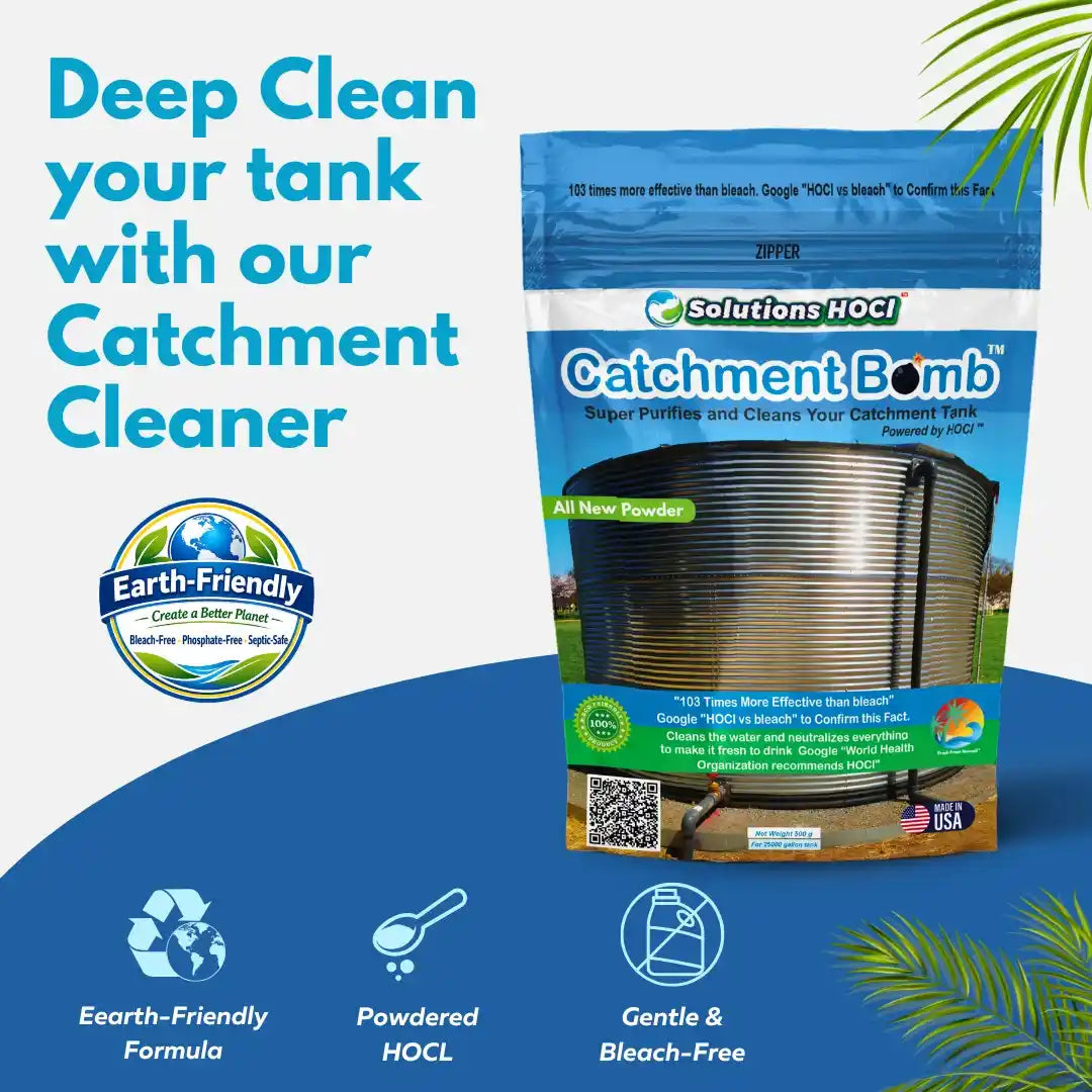 A bag of Solutions HOCL Catchment Bomb deep clean powder for water tanks cleaning.