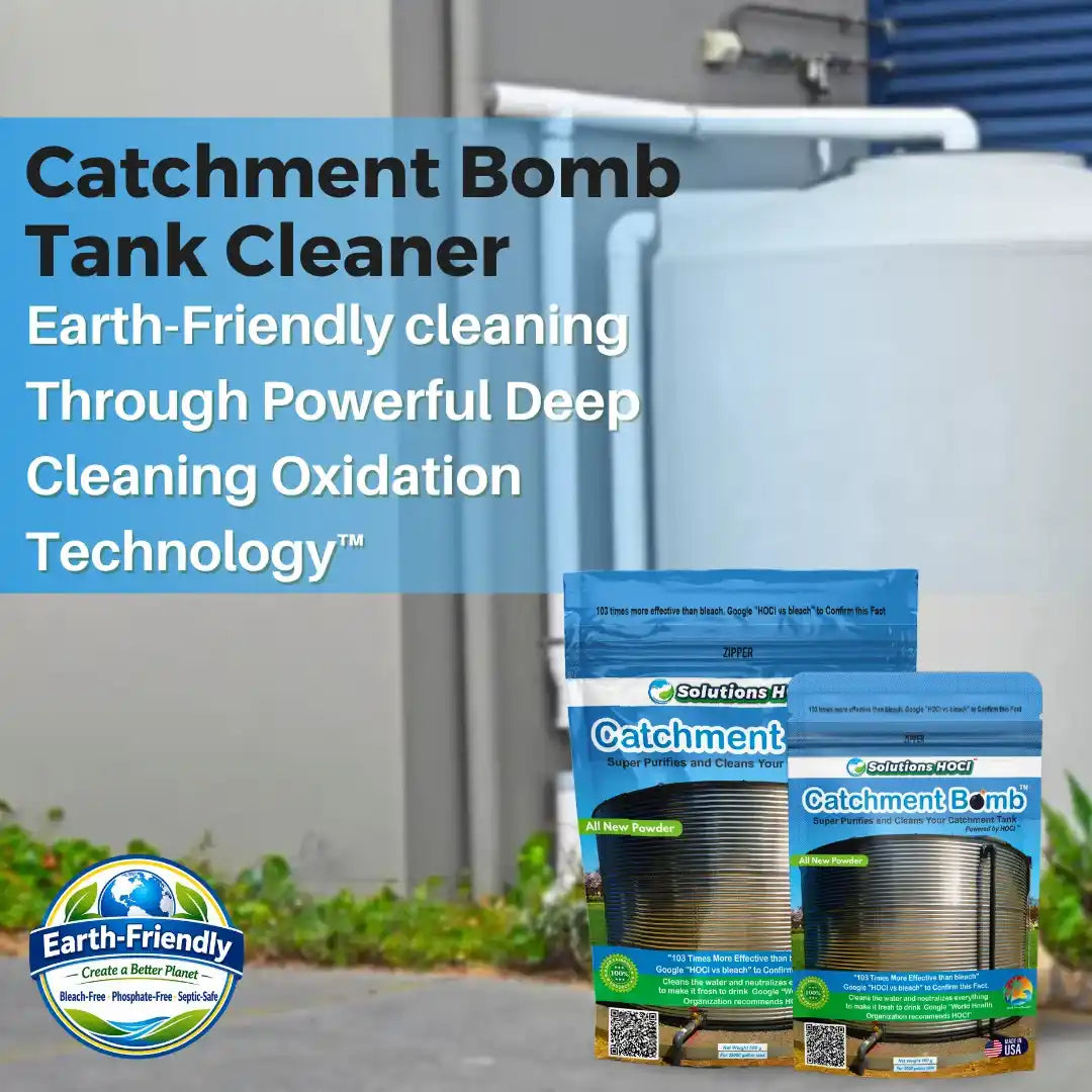Two bags of Catchment Bomb Tank Cleaner product displayed in front of a large outdoor water tank, with promotional text on the left side.