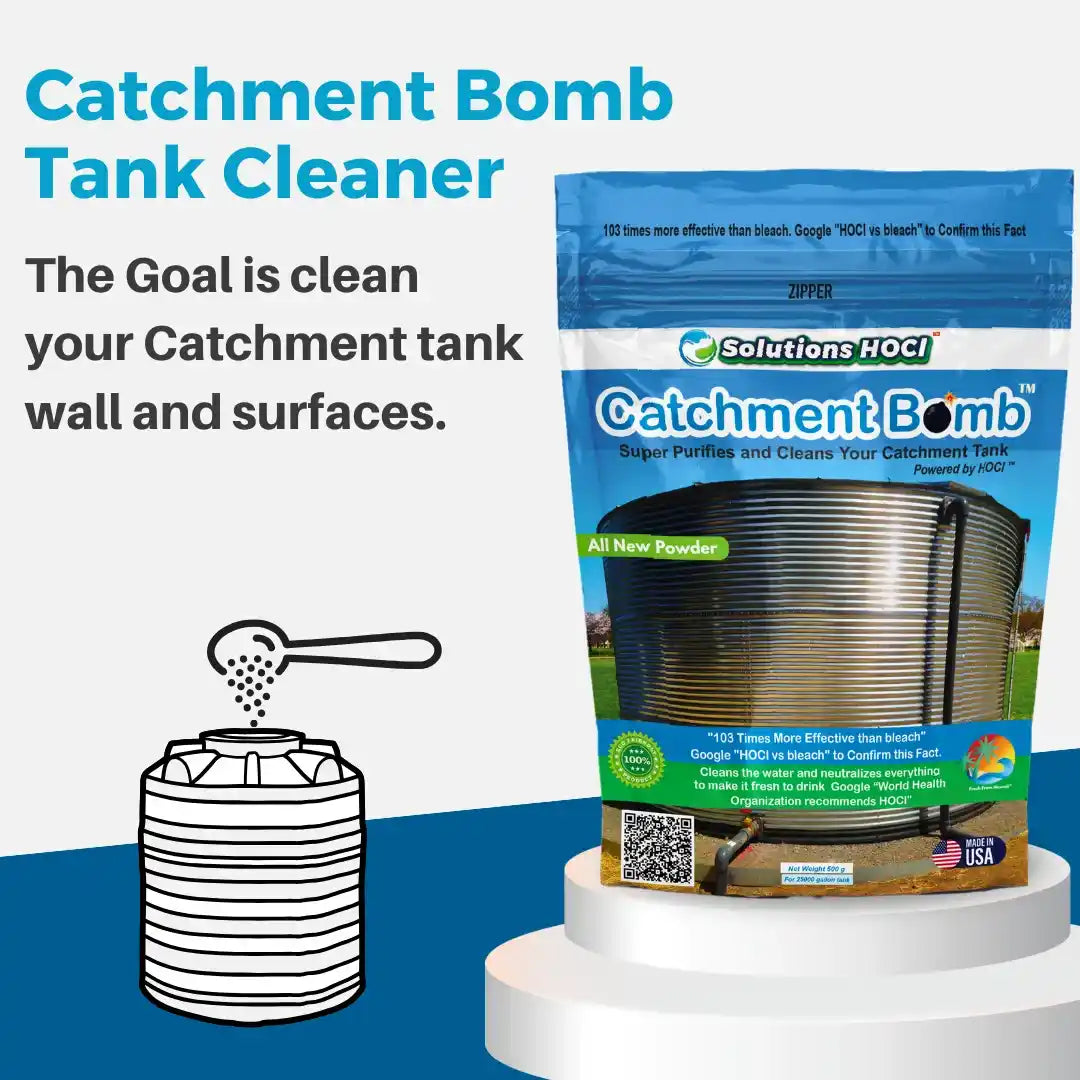 A bag of Solutions HOCL Catchment Bomb tank cleaner displayed on a white pedestal against a blue and white graphic.