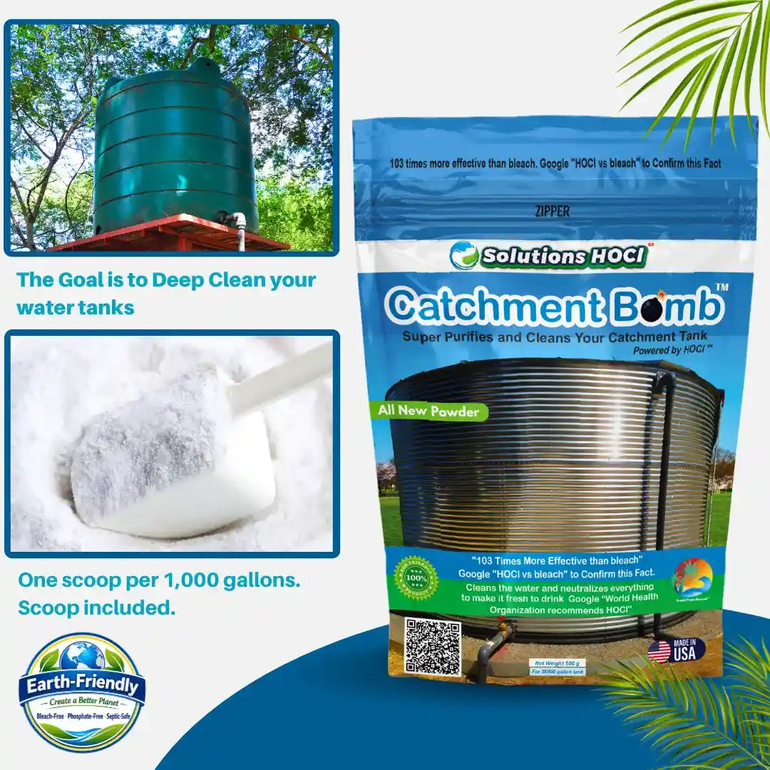 Solutions HOCL Catchment Bomb powder in a blue resealable pouch, shown with inset photos of a green water tank.