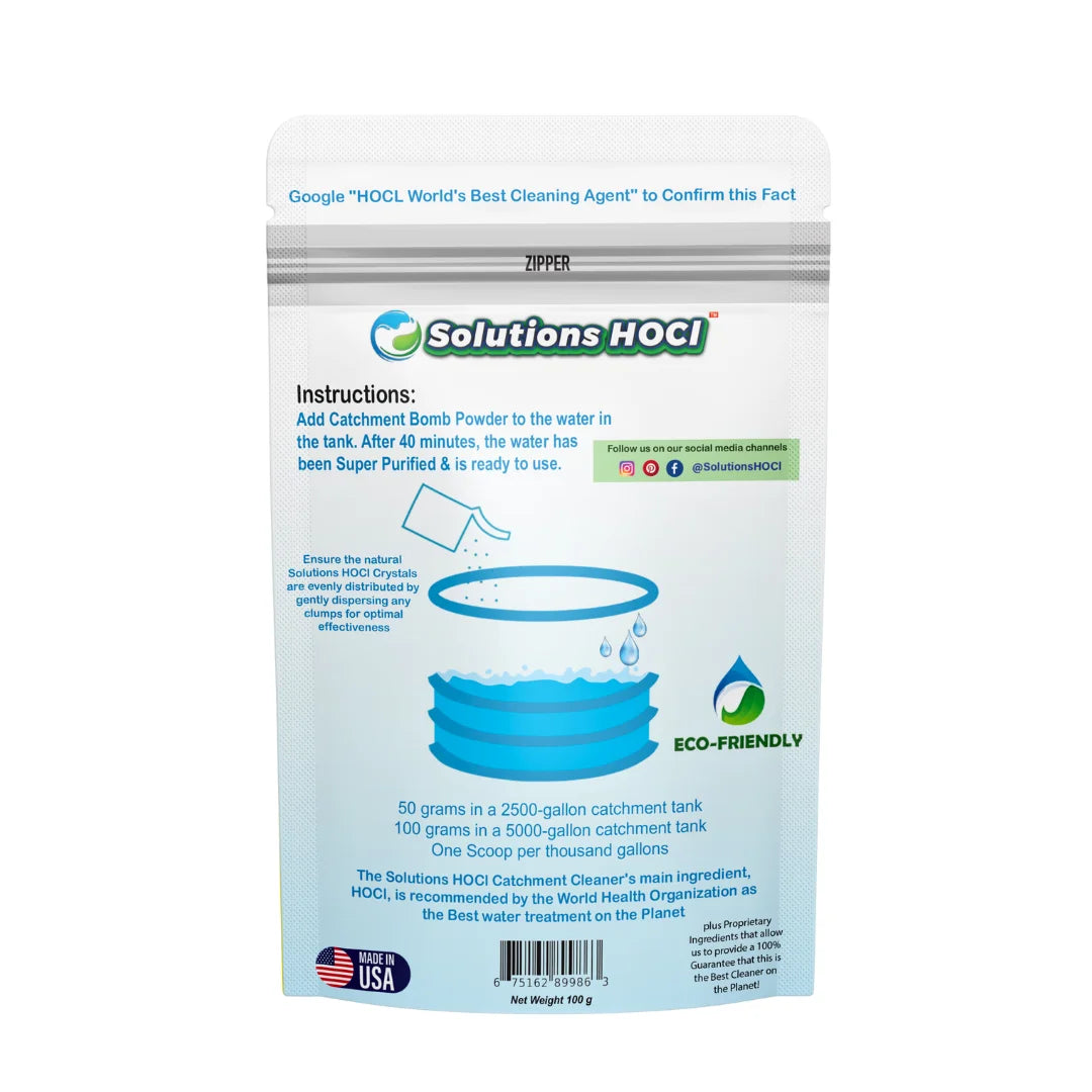 Solutions HOCl catchment cleaner in a white and light blue resealable pouch with printed instructions and product details on the back, photographed against a plain white background.