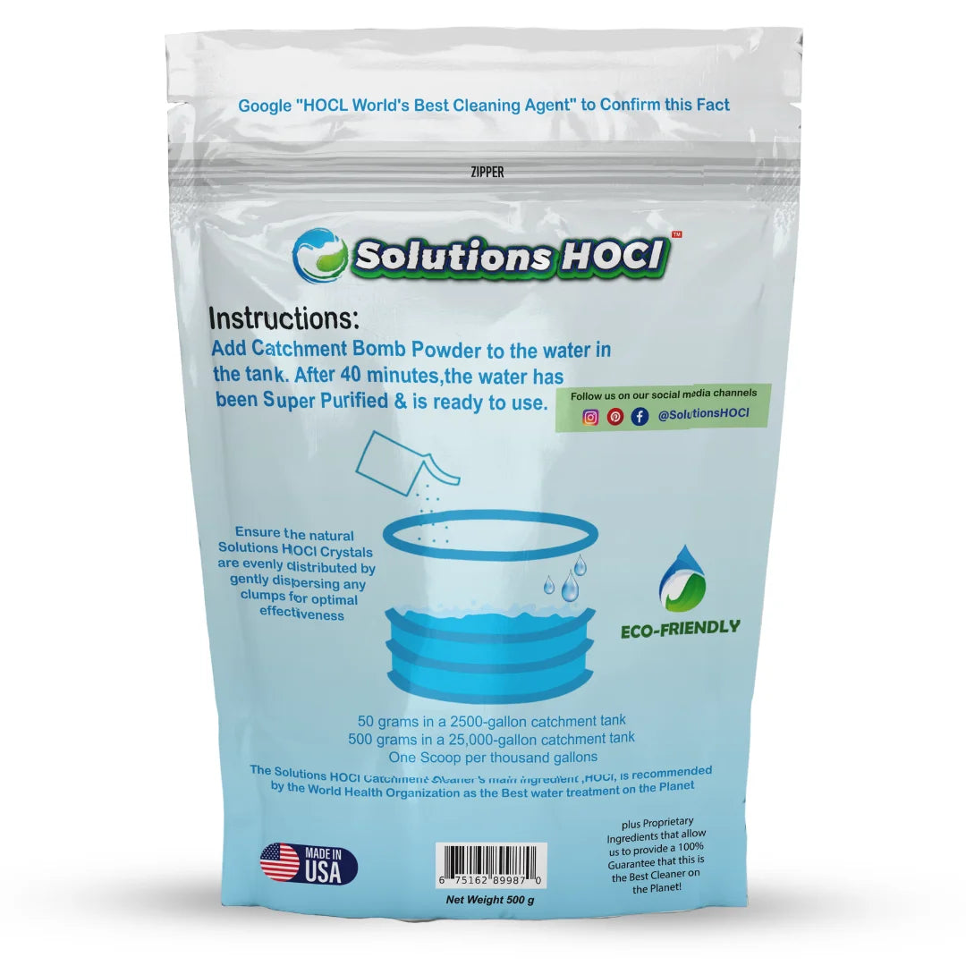 A 500g bag of Solutions HOCl Catchment Bomb Powder, a tank cleaner, shown against a plain white background.