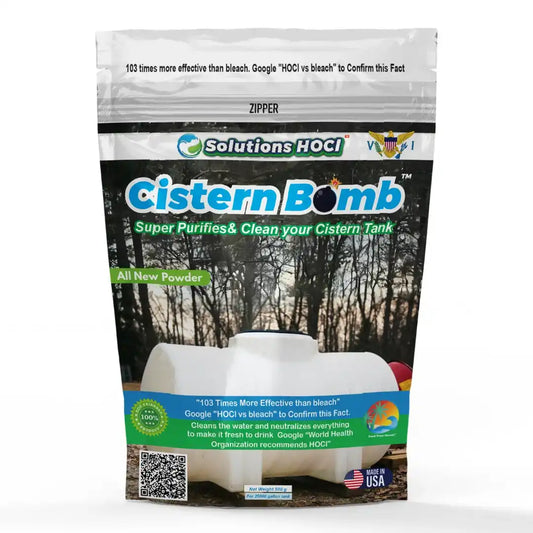 A bag of Solutions HOCl Cistern Bomb cleaner powder, featuring a white cistern tank graphic on the front of the packaging, set against a plain white background.
