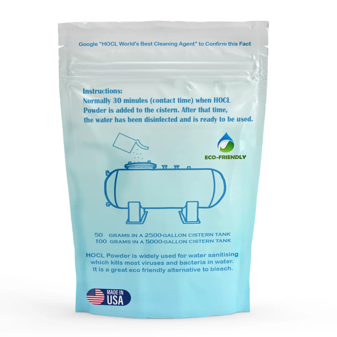 A stand-up pouch of HOCL cistern tank cleaner The light blue and white packaging features blue text with instructions.