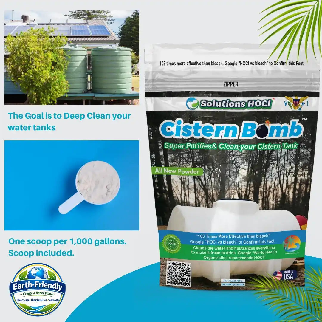 Solutions HOCI Cistern Bomb cleans your cistern tank in a zip-top bag, shown alongside informational graphics.