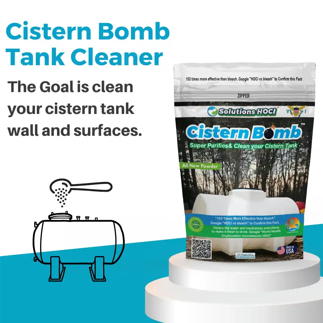 Cistern Bomb Tank Cleaner by Solutions  a blue and white background with product text and a simple cistern tank illustration.