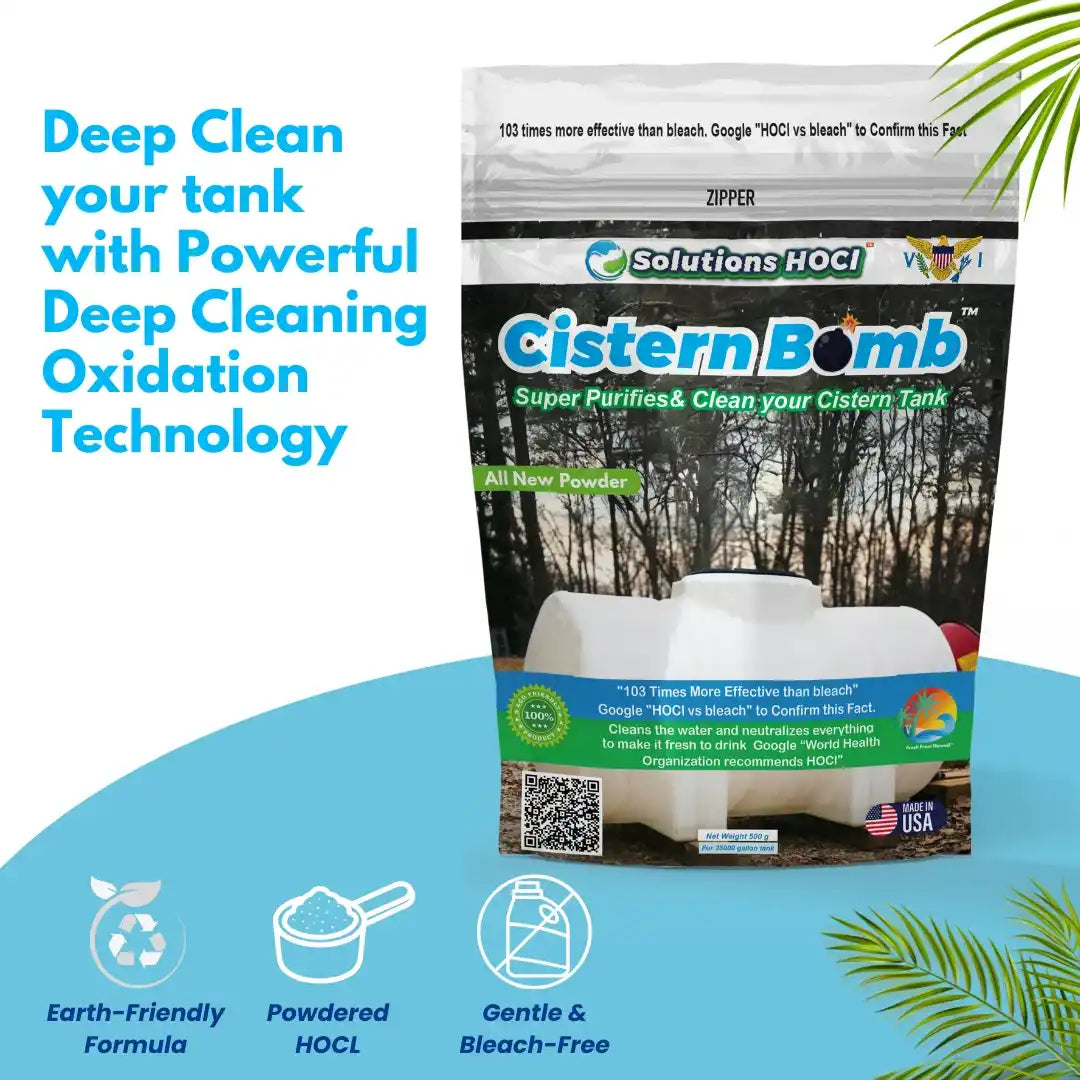 A bag of Solutions HOCl Cistern Bomb powder shown on a white and blue promotional background with text about deep cleaning oxidation technology.