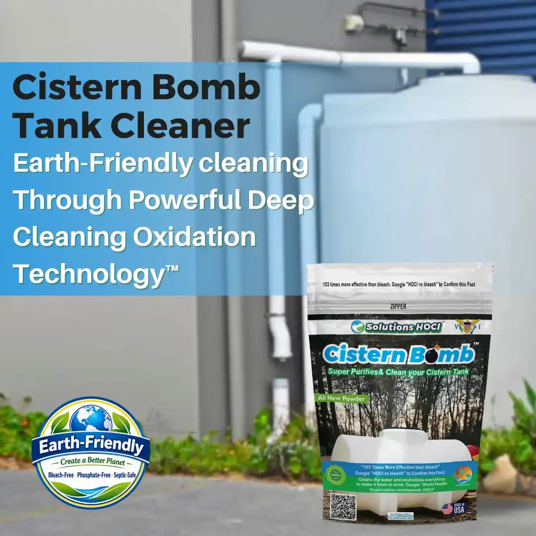 Cistern Bomb Tank Cleaner product package shown in front of a water tank with promotional text on a blue banner and an Earth-Friendly badge.
