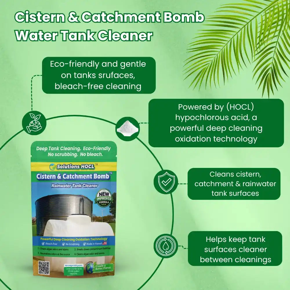 Promotional graphic for Solution HOCl Cistern & Catchment Bomb water tank cleaner on a light green background with palm leaves. The image includes product packaging, feature callouts, and benefit text about eco-friendly, bleach-free, and deep cleaning properties.
