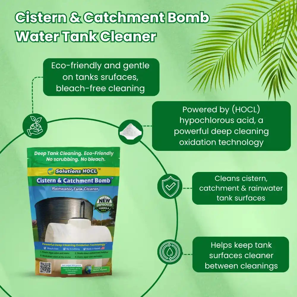 Promotional graphic for Cistern & Catchment Bomb Water Tank Cleaner, showing the product pouch on a light green background with text callouts about eco-friendly deep tank cleaning and HOCL technology.