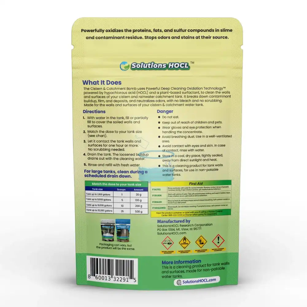 The back of a Solutions HOCL Solutions brand tank cleaner pouch, showing product details, directions, warnings, and a barcode on a light green background.