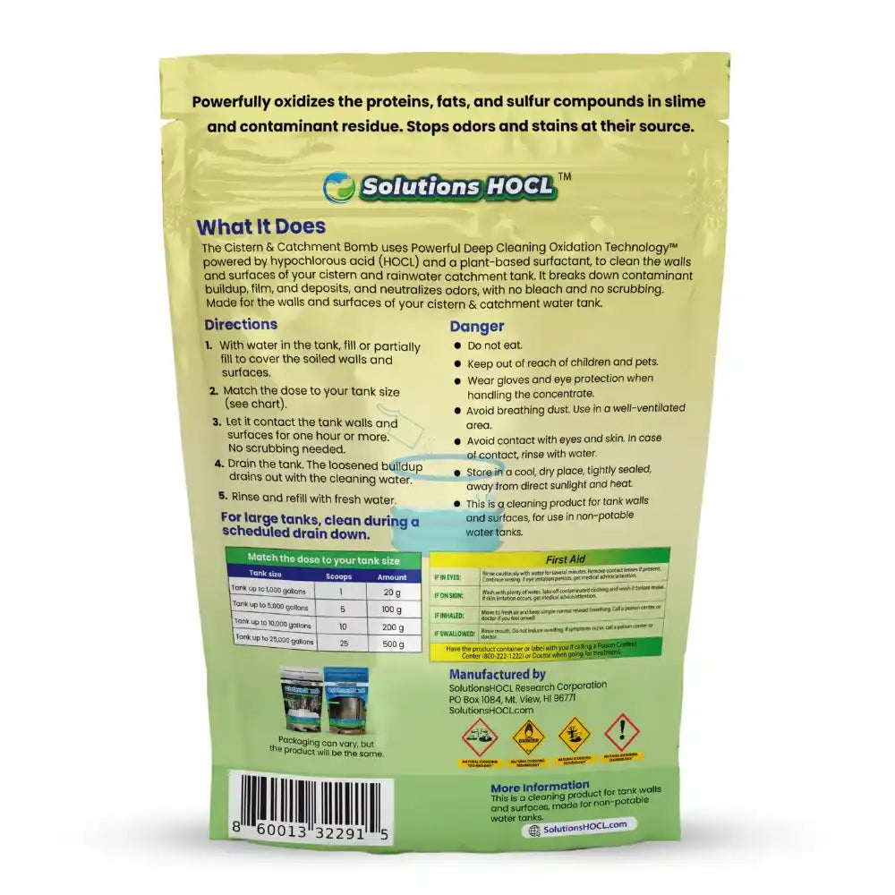 The back of a Solutions HOCL product pouch, showing detailed instructions, directions, warnings, and a barcode on a light green background.