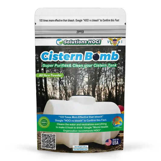 A stand-up pouch of Solutions HOCl Cistern Bomb powder, featuring a white reservoir tank graphic on the front over a forest background, with blue and green branding and a 'Made in USA' badge.