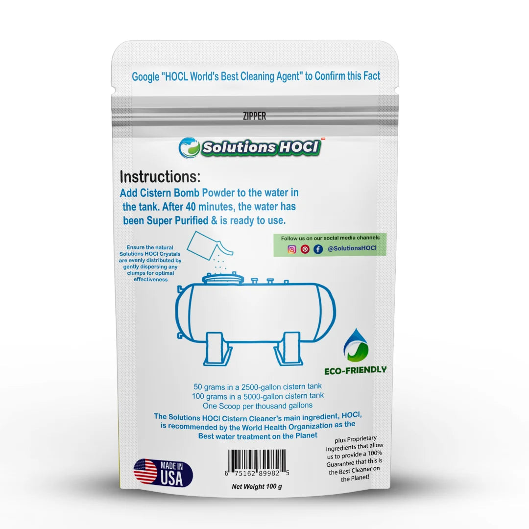 Back of a Solutions of HOCl earth-friendly cistern cleaner bag showing instructions, weight, and product details on a white background.