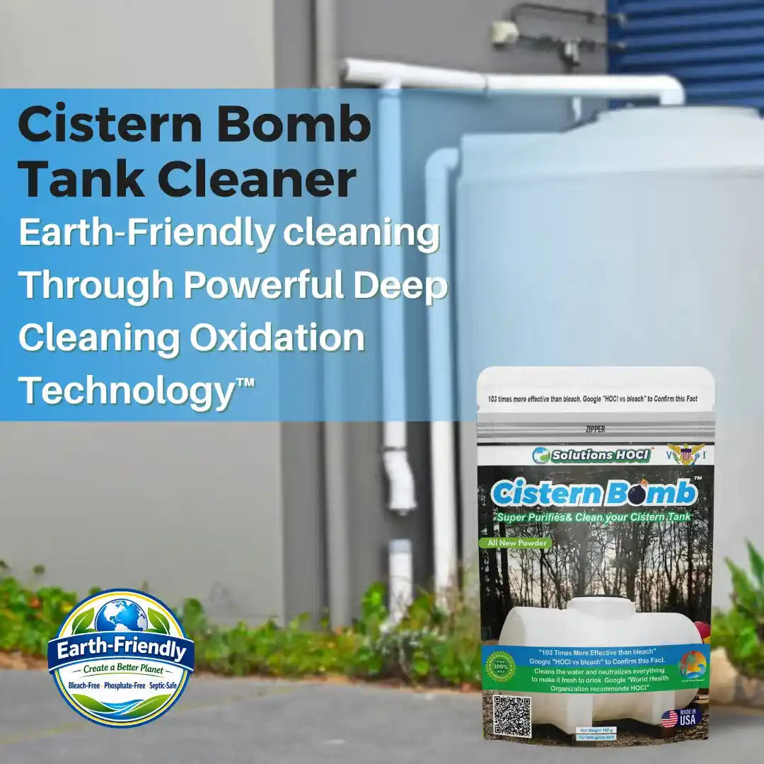 Cistern Bomb Tank Cleaner product packaging shown in front of a water tank, with large promotional text reading 'Cistern Bomb Tank Cleaner' and an Earth-Friendly badge.