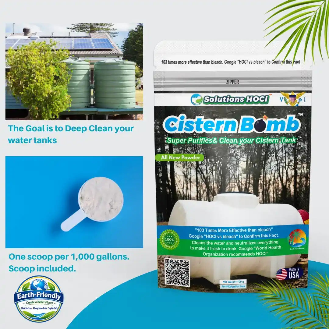 Cistern Bomb all-purpose powder by Solutions HOCl in a resealable pouch, shown alongside informational panels.