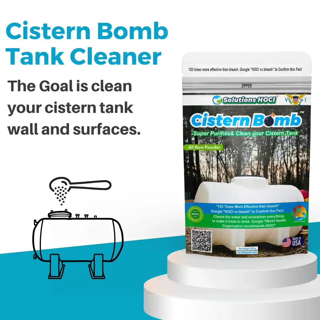 Cistern Bomb Tank Cleaner product packaging displayed on a white pedestal, with promotional text and a simple tank illustration on a blue-and-white background. The package is branded Solutions HOCL.