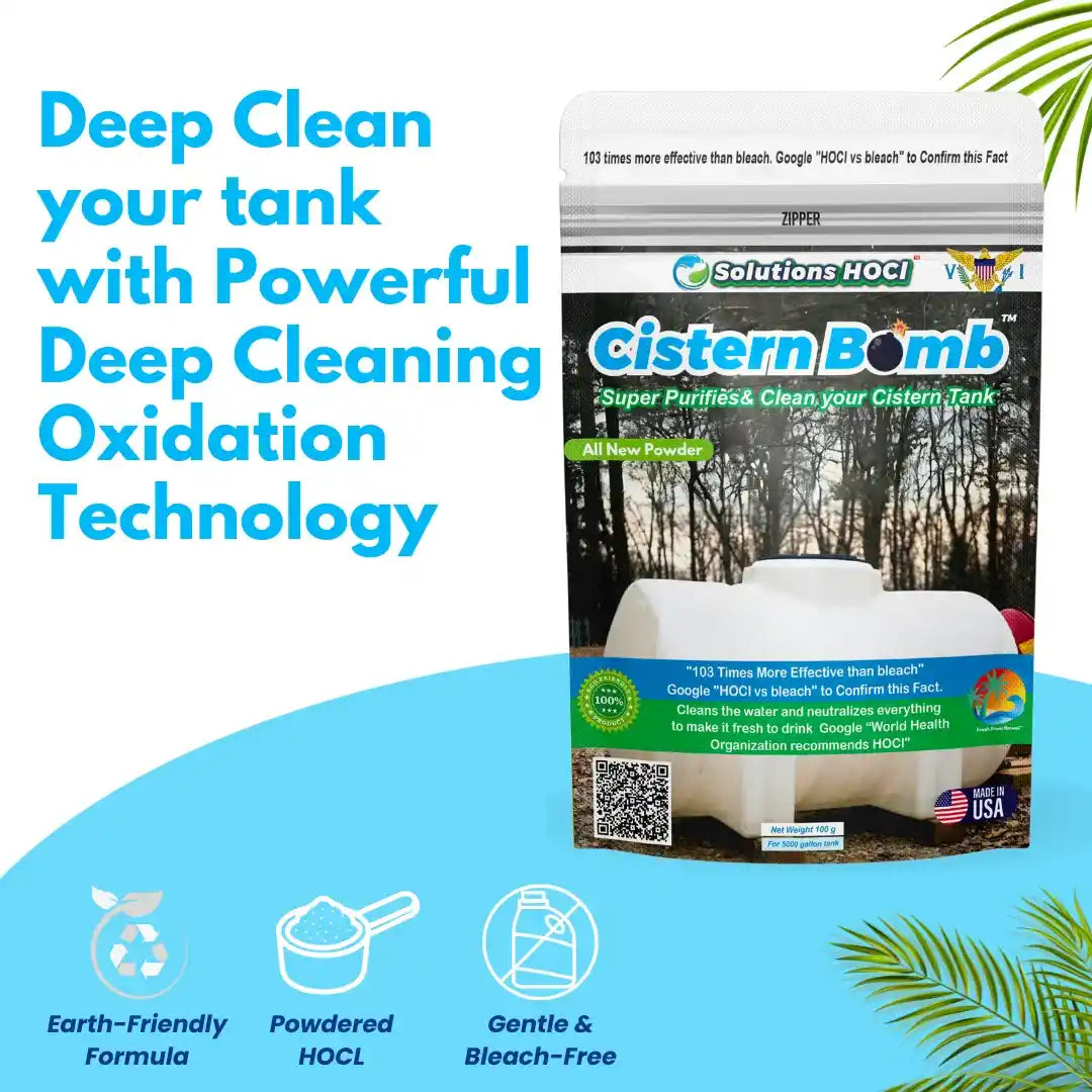 Cistern Bomb deep cleaning oxidation powder by Solutions HOCL, shown in its retail pouch packaging on a white and light blue promotional background with text and icons.