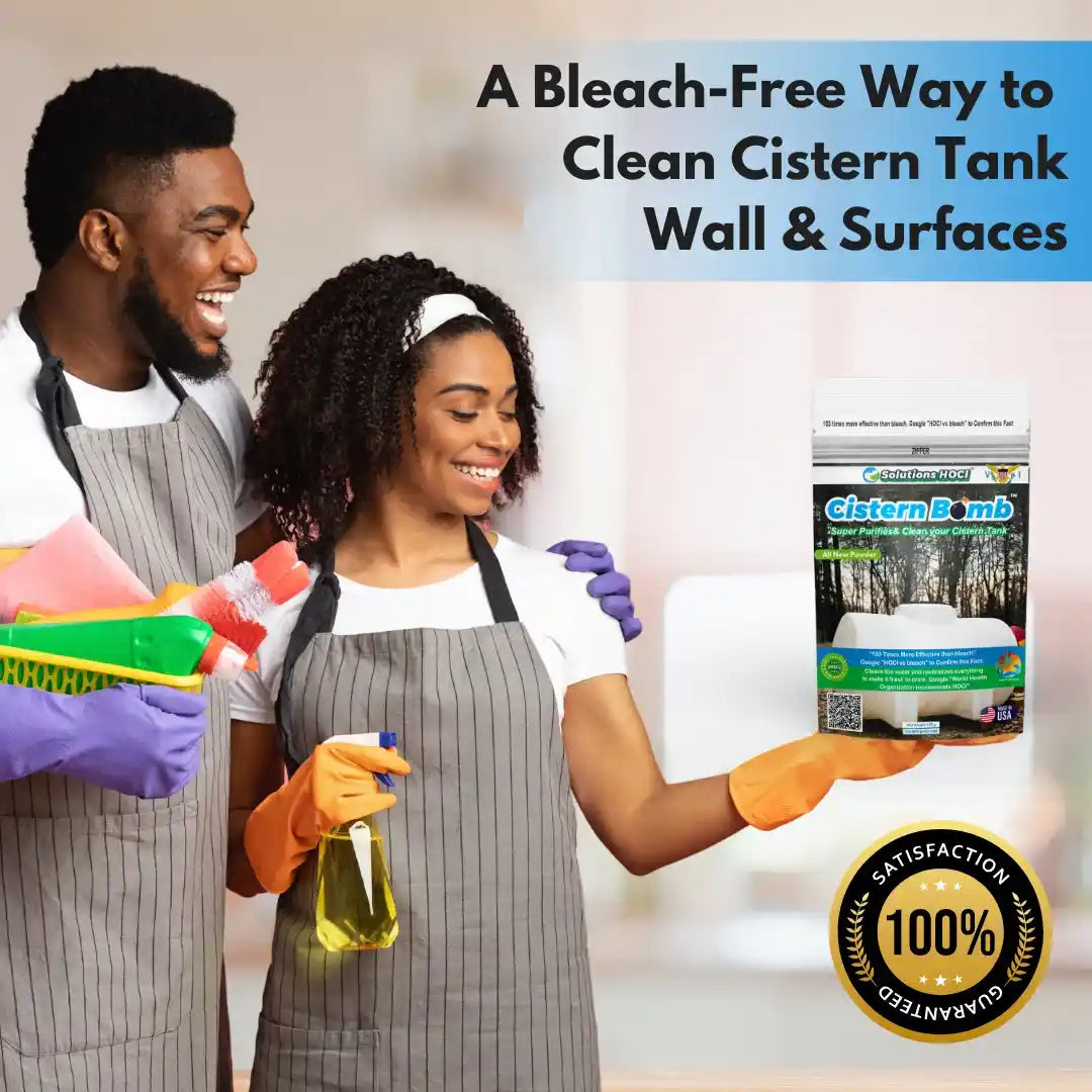 A man and woman in gray pinstripe aprons demonstrate cleaning cistern tank wall and surfaces using a bleach-free cleaning product.