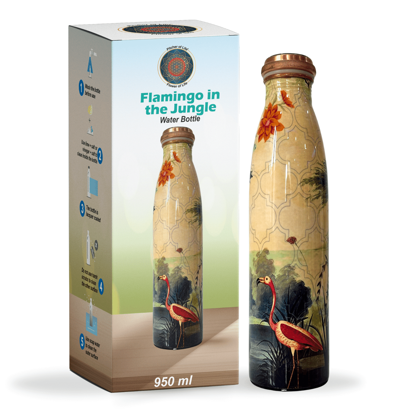 950mL Copper Bottle - Peacock And Flower Design