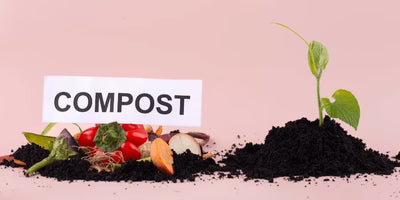 Compost with vegetables and a sign labeled 'COMPOST' on a pink background