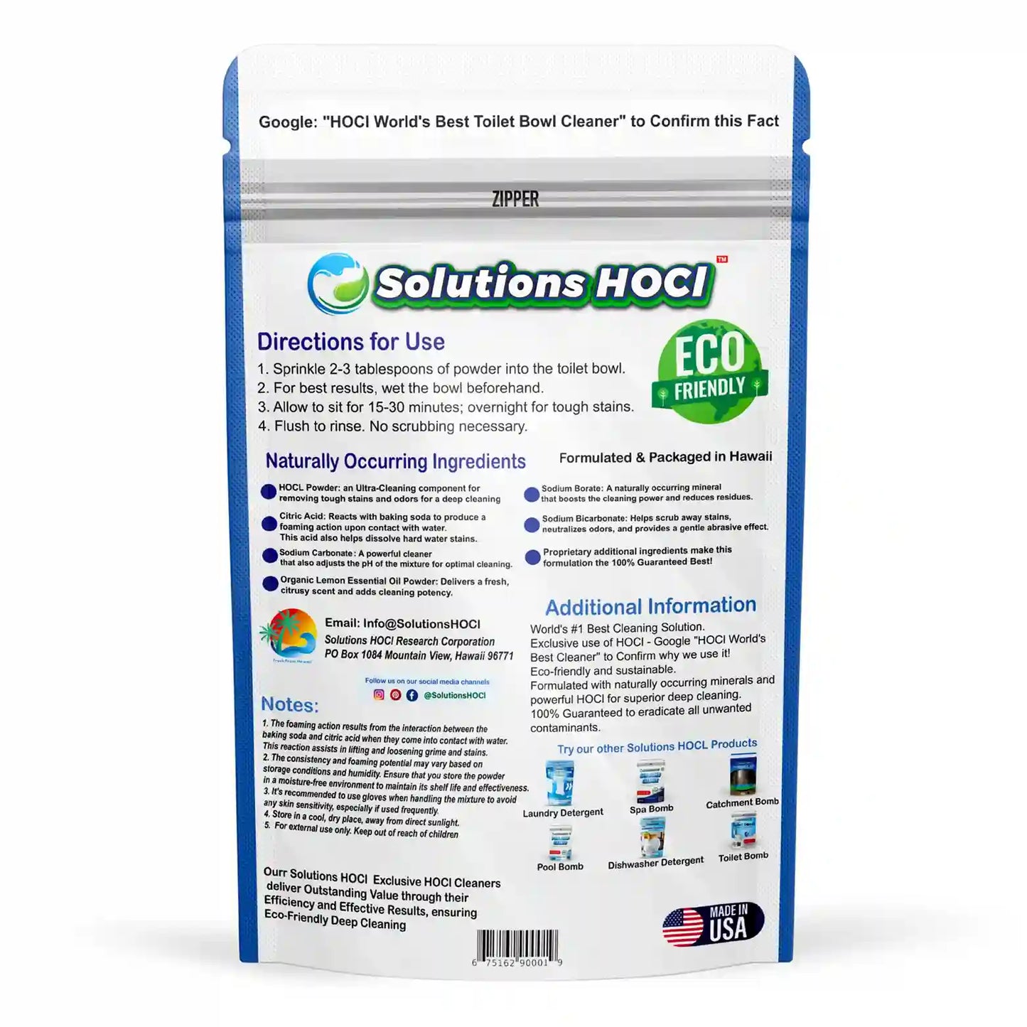 The back of a Solutions HOCL toilet bowl cleaner pouch, showing detailed directions, ingredients, and usage instructions on a white background.