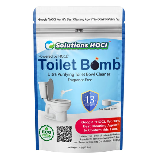 A stand-up pouch of Solutions HOCl Toilet Bomb cleaner, featuring a blue and white design with a toilet illustration and promotional badges.