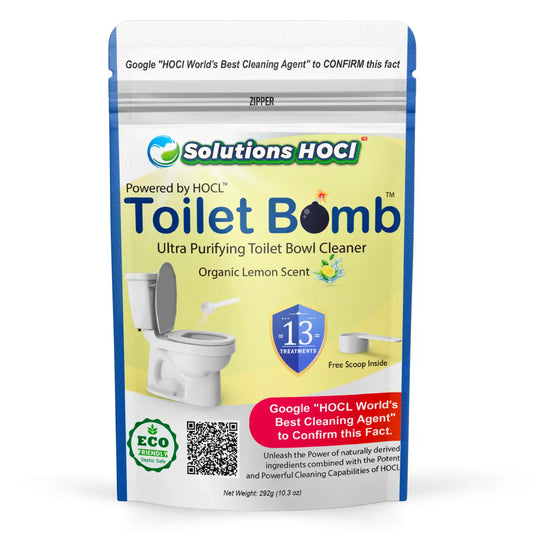 A stand-up pouch of Solutions HOCl Toilet Bomb toilet bowl cleaner, organic lemon scent.