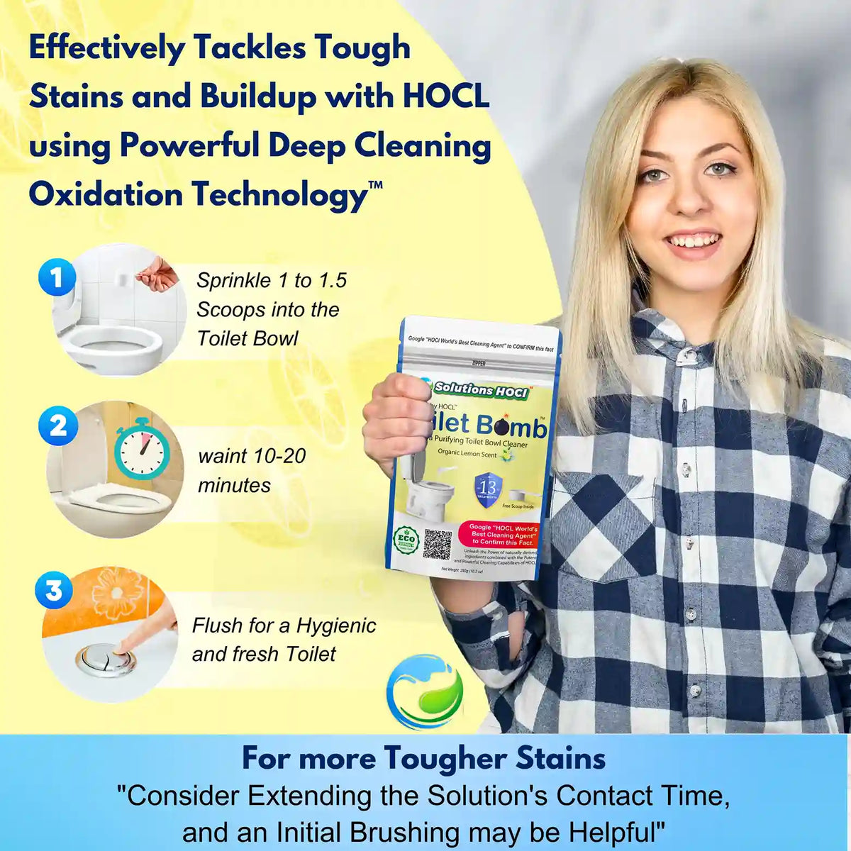 A woman in a blue-and-white plaid shirt holds a box of Toilet Bomb against an infographic-style background with text explaining how to use HOCL for tough stains and buildup.