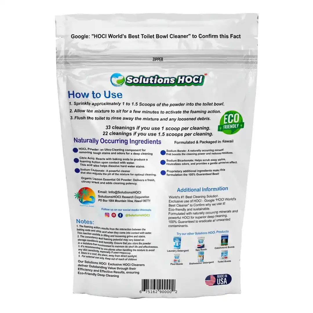 A white stand-up pouch of Solutions HOCL Toilet Bowl Cleaner powder, showing the back side of the packaging with instructions, ingredients, and eco-features.