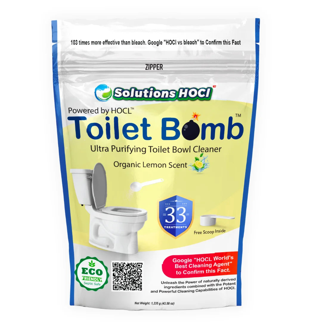 A bag of Solutions HOCL Toilet Bomb Toilet Bowl Cleaner, Organic Lemon Scent, with a white toilet graphic on the front of the packaging.