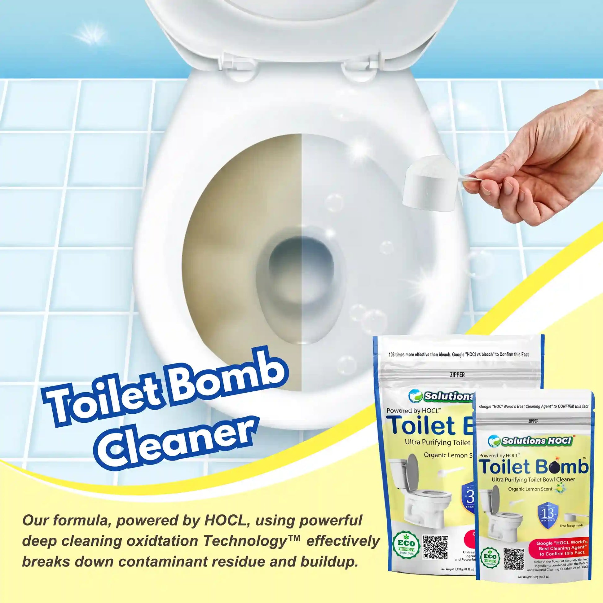 Toilet bowl cleaner advertisement showing a hand holding a scoop over a white toilet, with large text reading.
