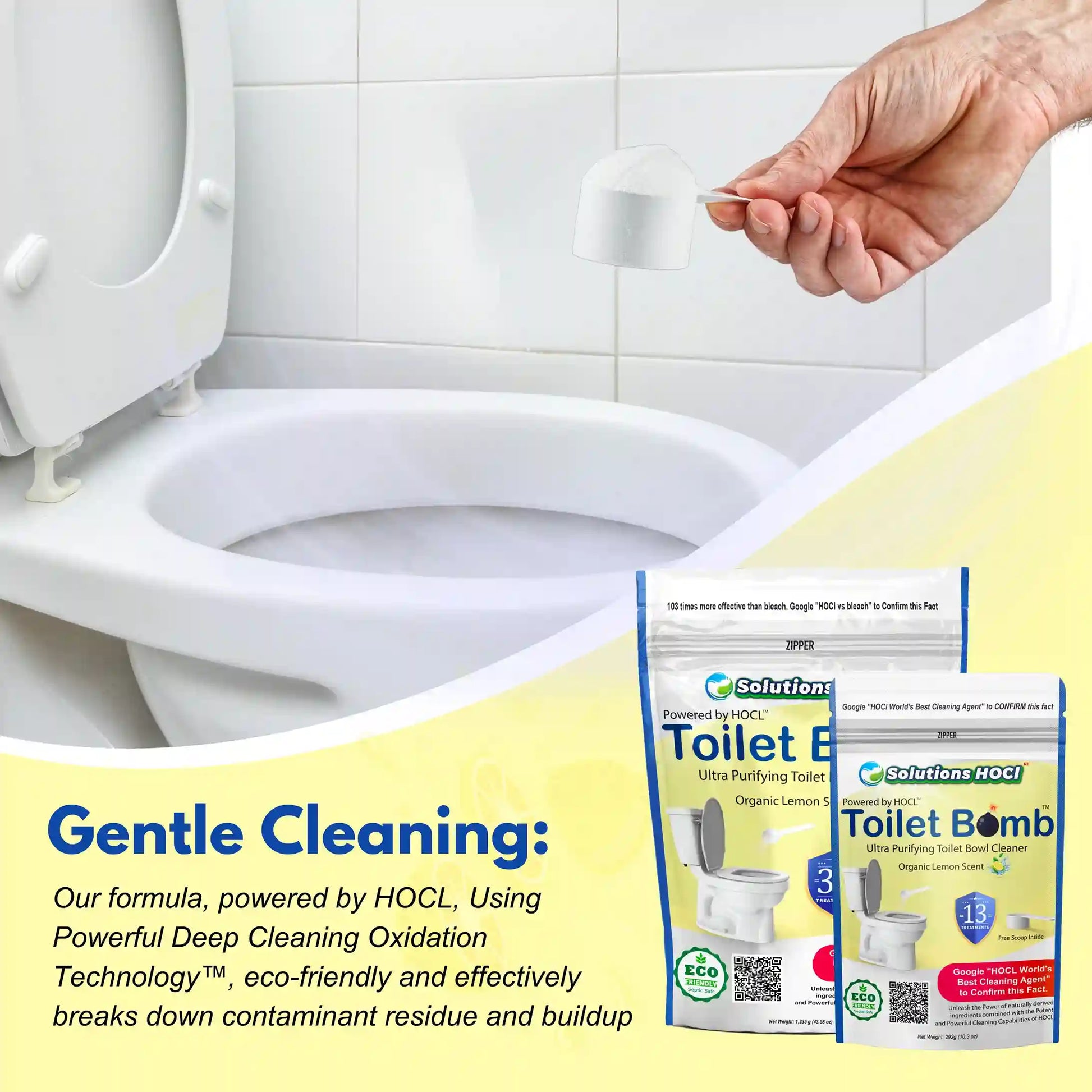 A hand holds a white tablet above a toilet in a bright bathroom, with product packaging for Solutions cleaning.