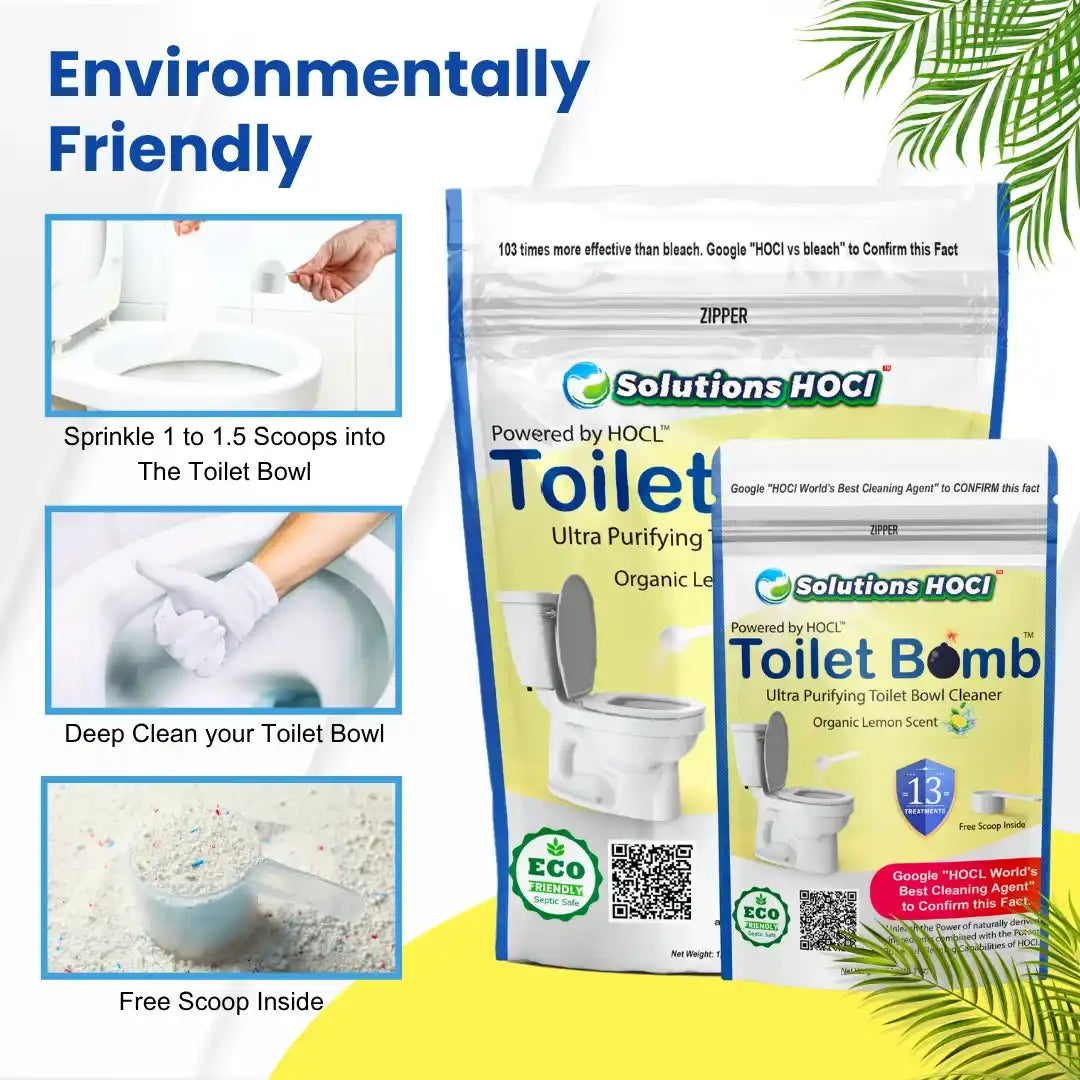 Solutions HOCI Toilet Bomb Ultra Purifying Organic in a 13-count zipper bag, and three instructional inset images demonstrating use.